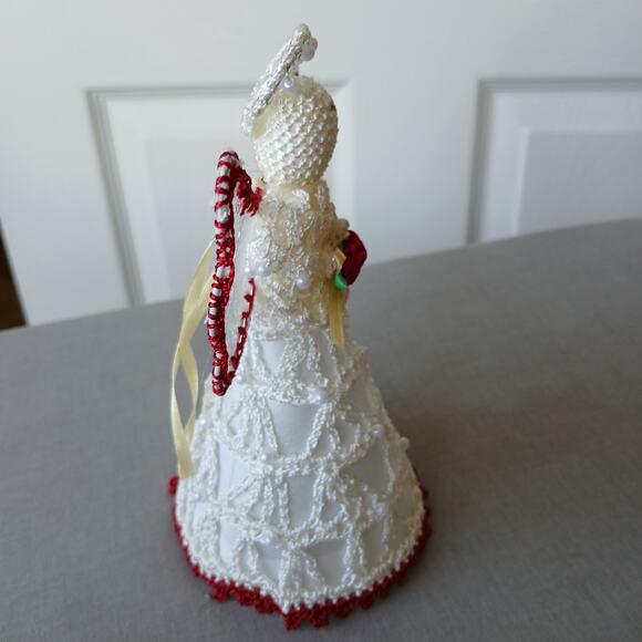 Lace Angel Tree Topper Ornament 6.5" tall handmade crochet beadwork roses - Picture 2 of 8